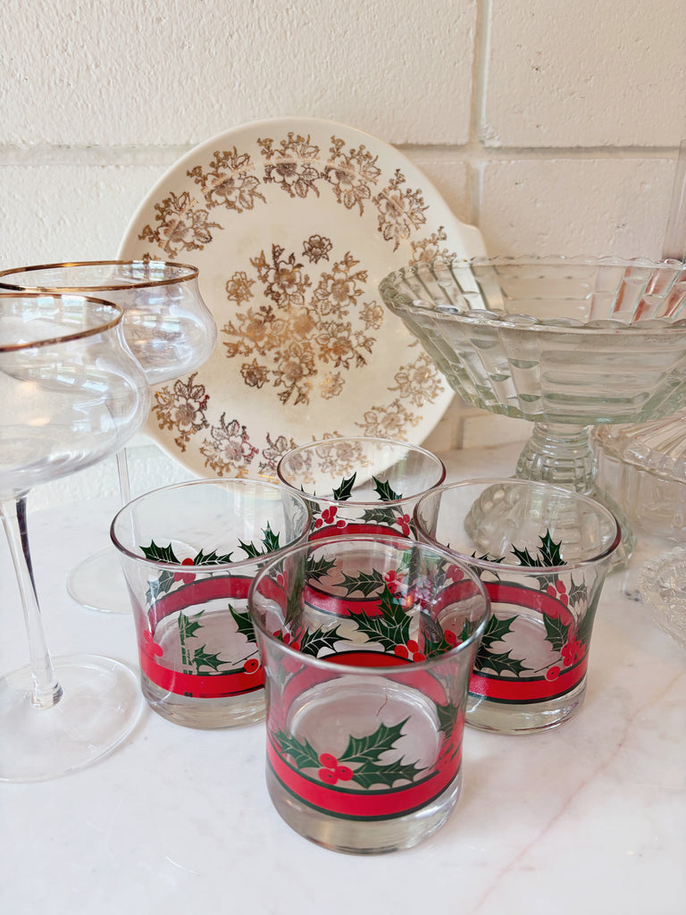 Vintage Libbey Holly and Berries Lowball Glassware Set of 4