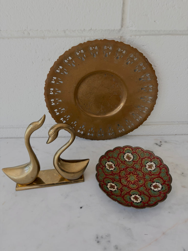 Vintage Etched Brass Pedestal Bowl with Scalloped Edge
