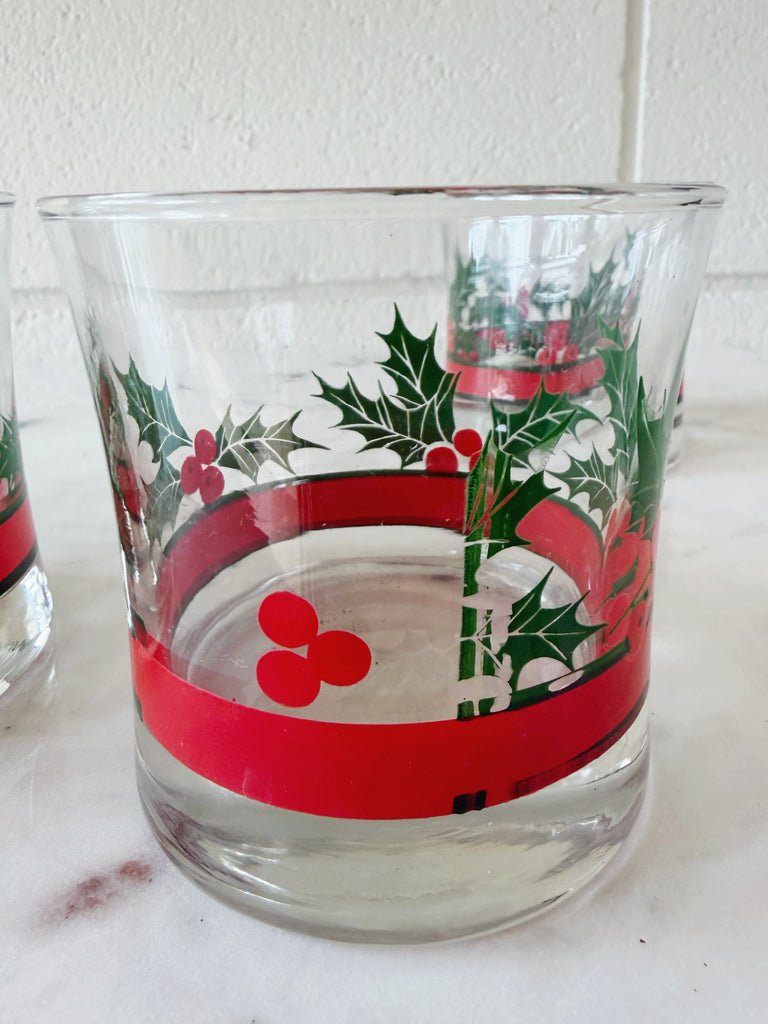 Vintage Libbey Holly and Berries Lowball Glassware Set of 4