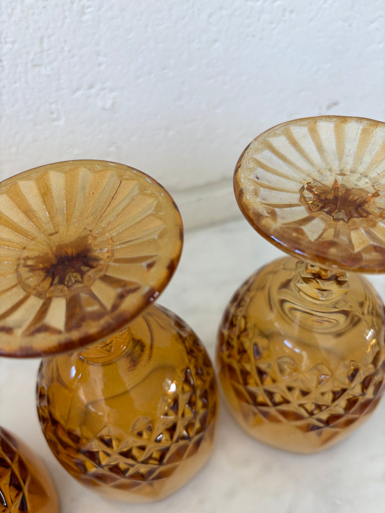 Vintage Diamond Point Goblet Glassware Set Amber