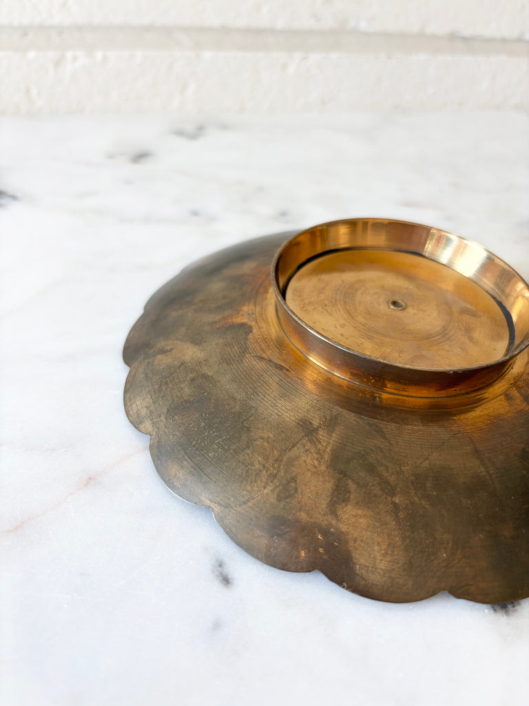 Vintage Etched Brass Pedestal Bowl with Scalloped Edge