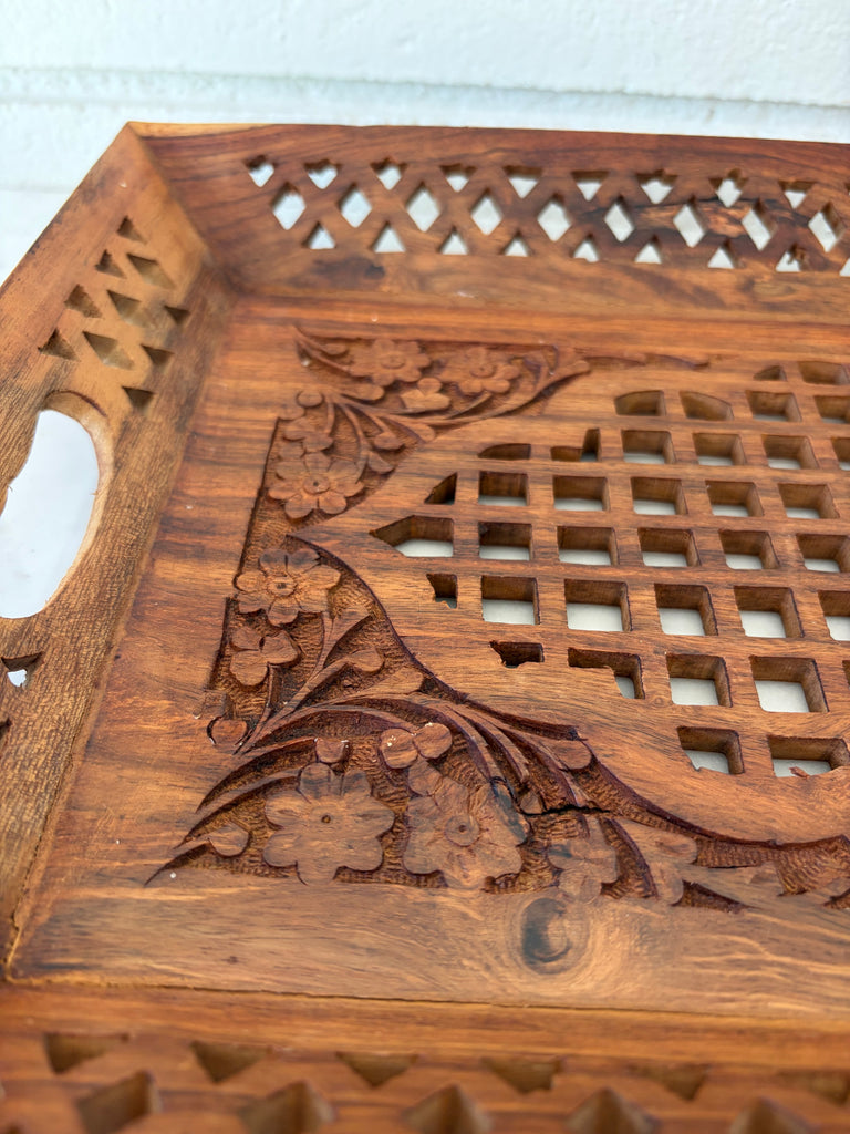 Hand Carved Wooden Cutwork Serving Tray