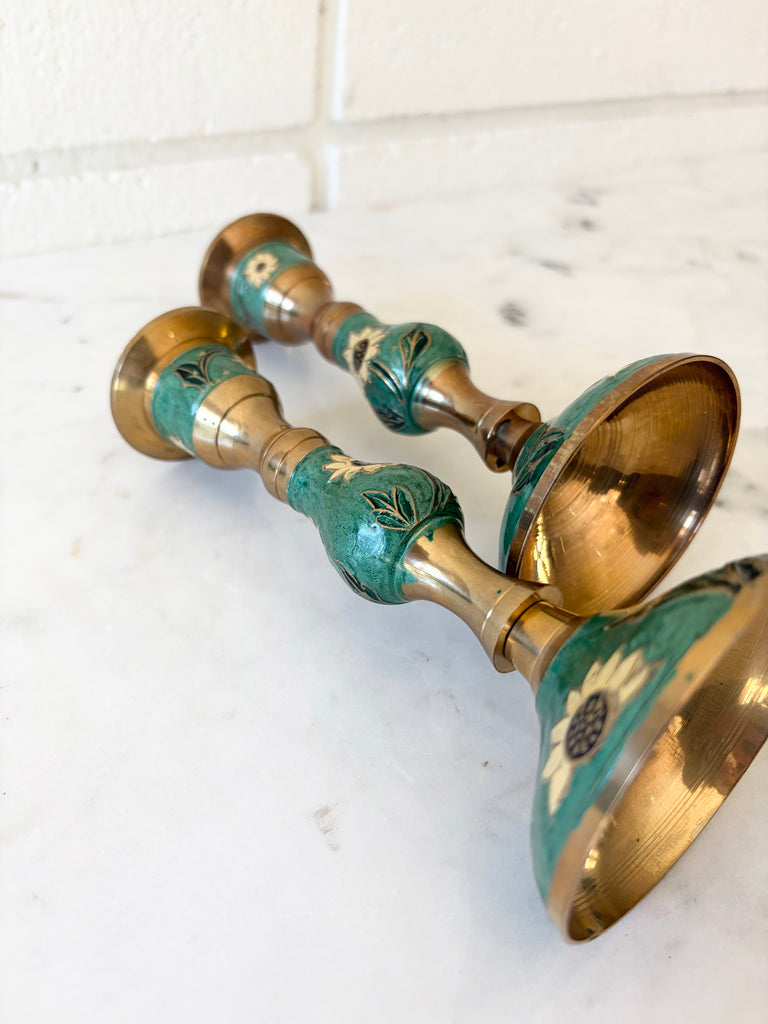 Vintage Brass Enameled Sunflower Candlestick Holders Set of 2