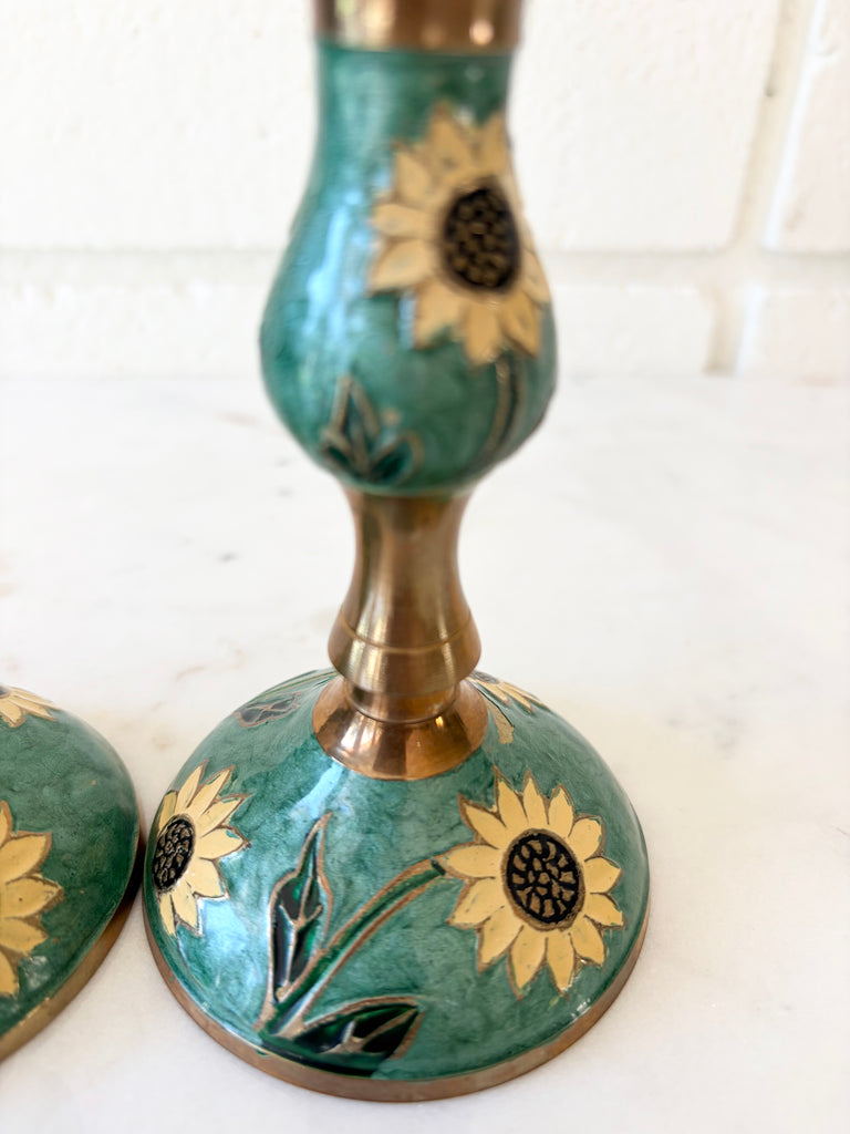 Vintage Brass Enameled Sunflower Candlestick Holders Set of 2