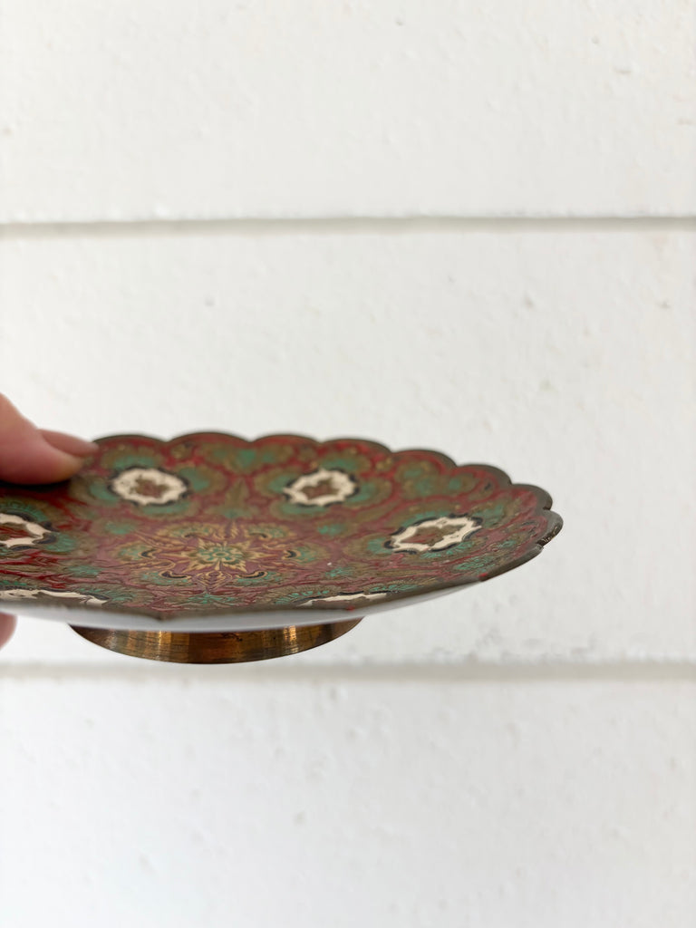 Vintage Etched Brass Pedestal Bowl with Scalloped Edge