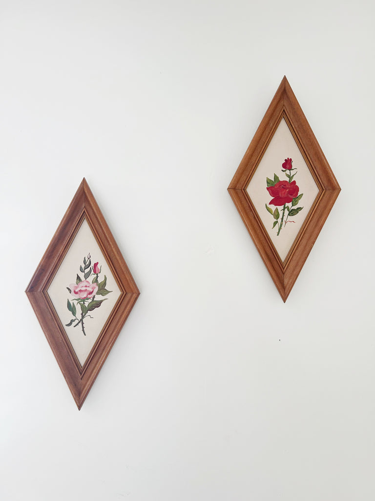 Vintage Diamond Orientation Mid Century Floral Plaque Set
