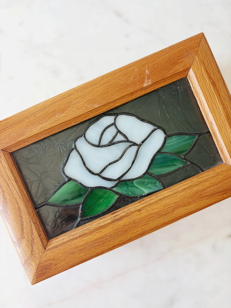 Stained Glass White Rose Handcrafted Jewelry Box