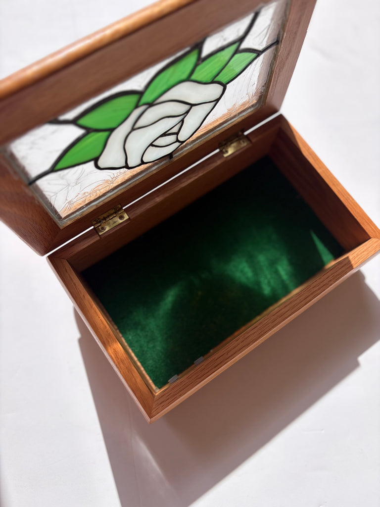 Stained Glass White Rose Handcrafted Jewelry Box