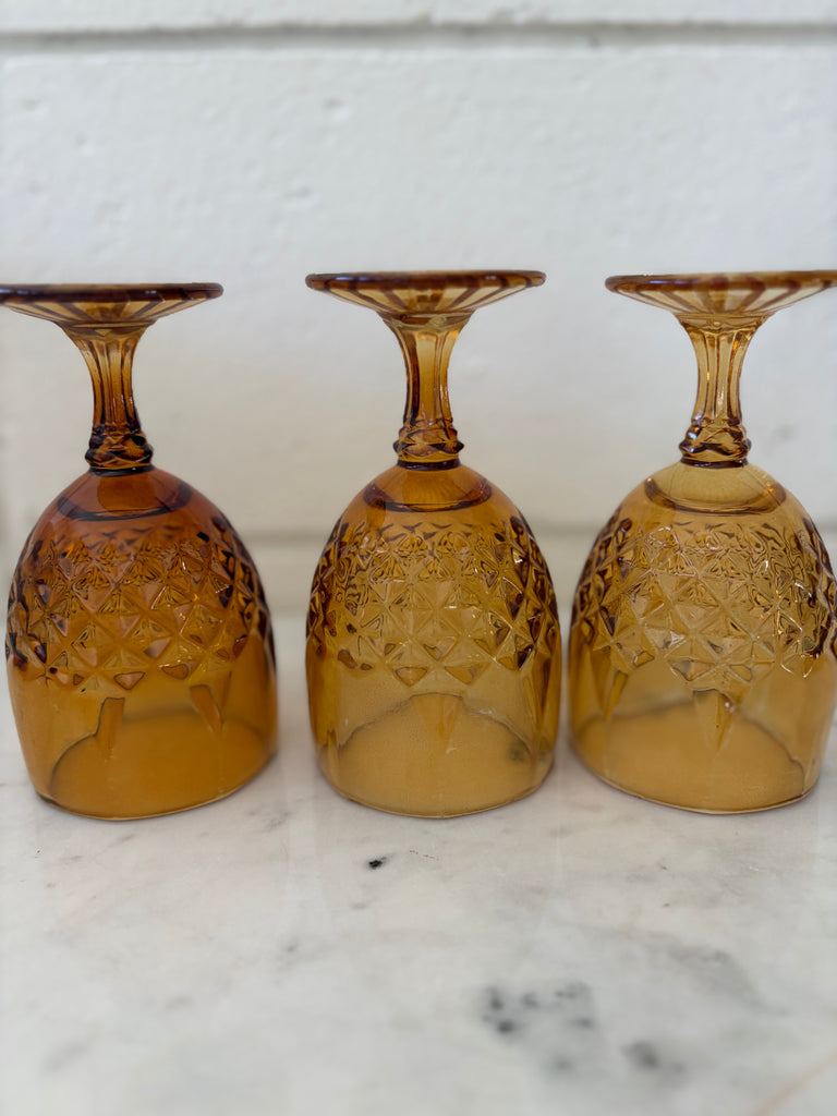 Vintage Diamond Point Goblet Glassware Set Amber