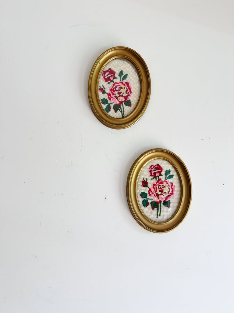 Framed Petite Needlepoint Floral Fabric Art Set