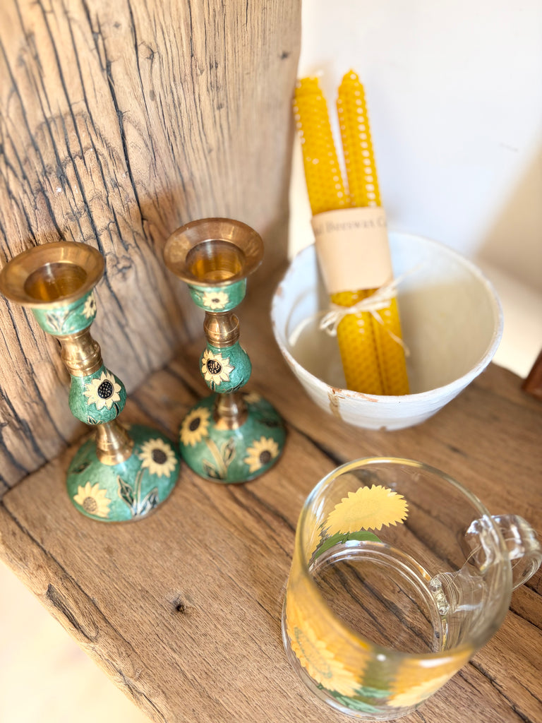 Vintage Brass Enameled Sunflower Candlestick Holders Set of 2