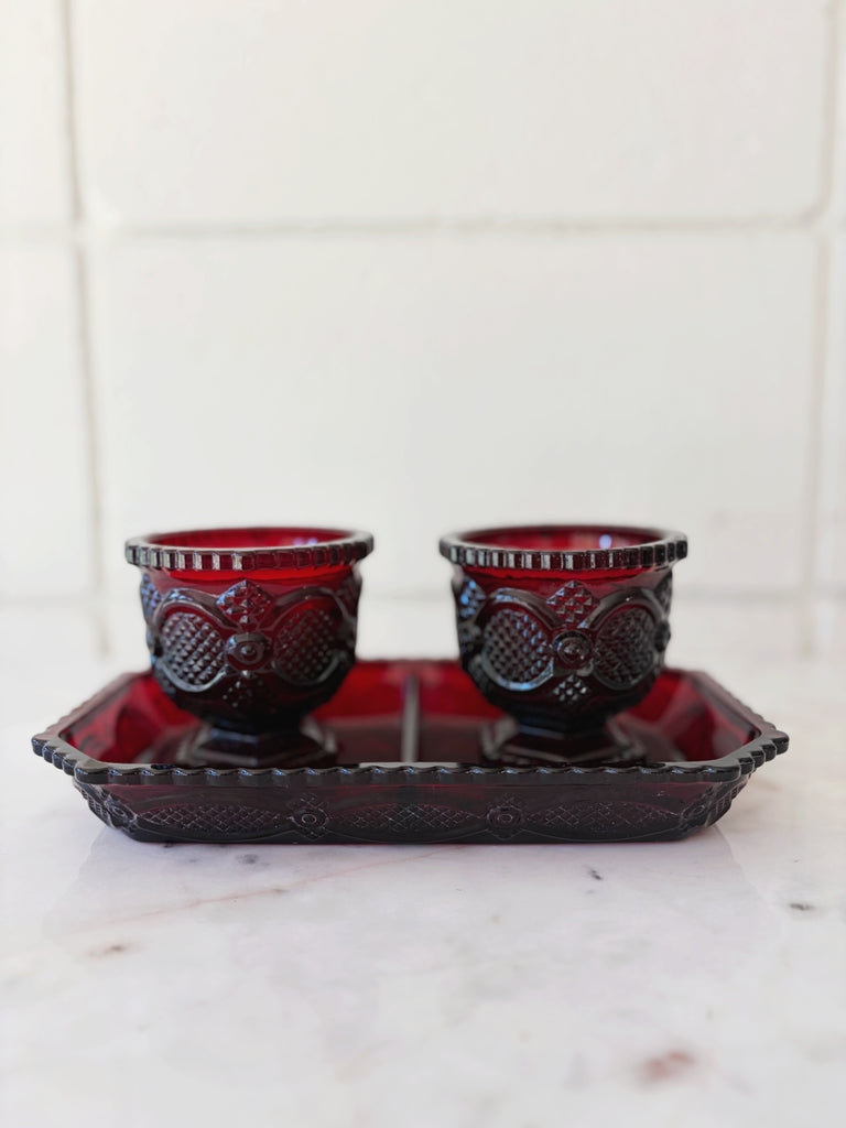 Vintage Avon Ruby Red Footed Tumblers and Tray Glassware Set