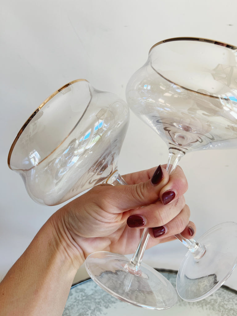 Vintage Inspired Fluted Coupe Gold Rim Glassware Set of 2