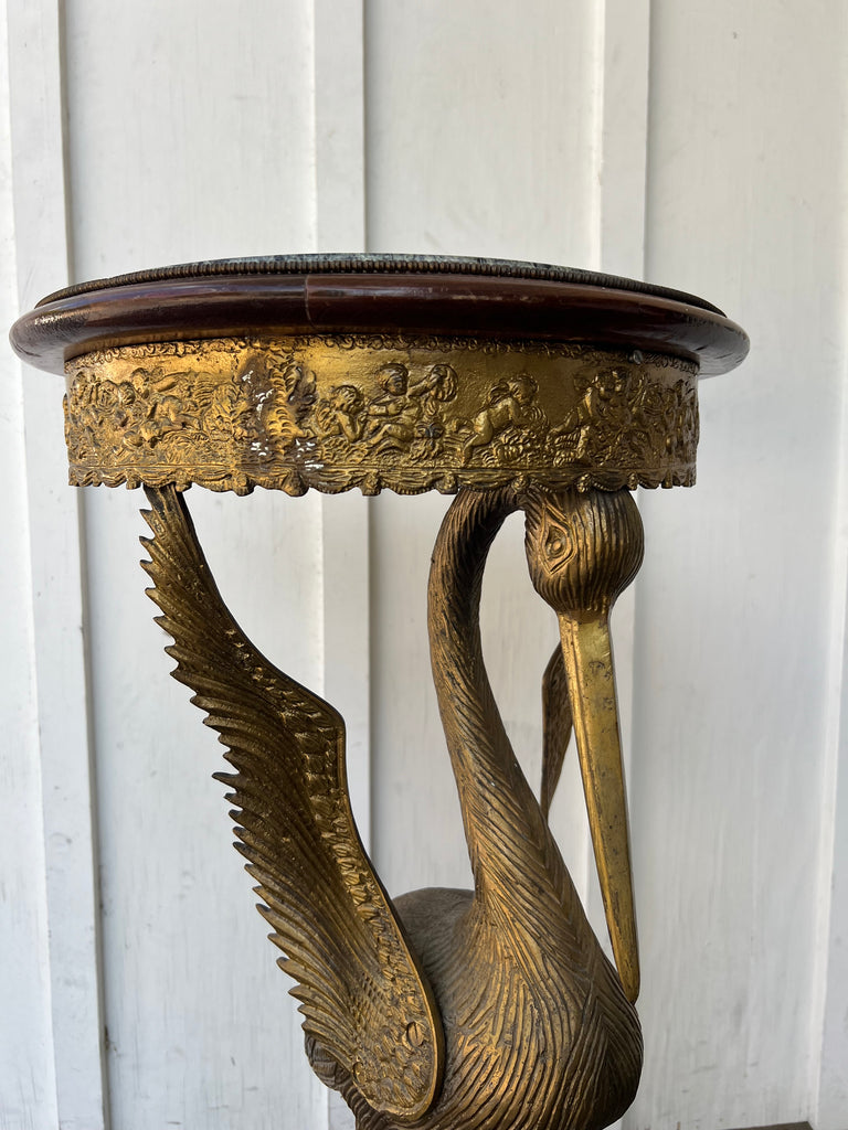 Vintage Bronze & Marble Crane Bird Pedestal Table