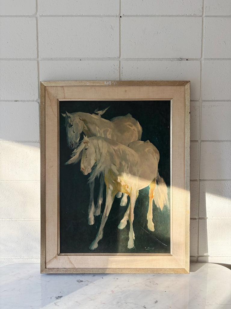 Framed Ricardo Arenys Horses Lithograph “Horses Against Blue Background” Wall Art