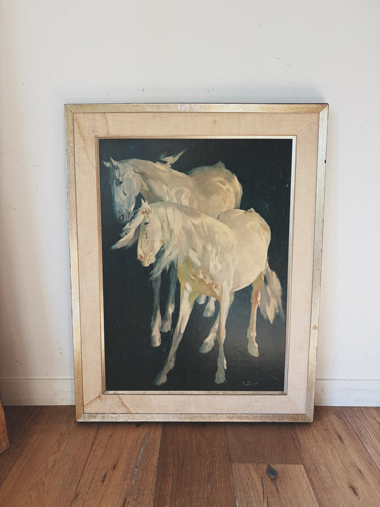 Framed Ricardo Arenys Horses Lithograph “Horses Against Blue Background” Wall Art
