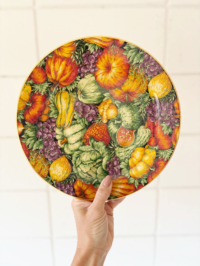Vintage Gold Rimmed Autumn Harvest Thanksgiving Reverse Decoupage Plate