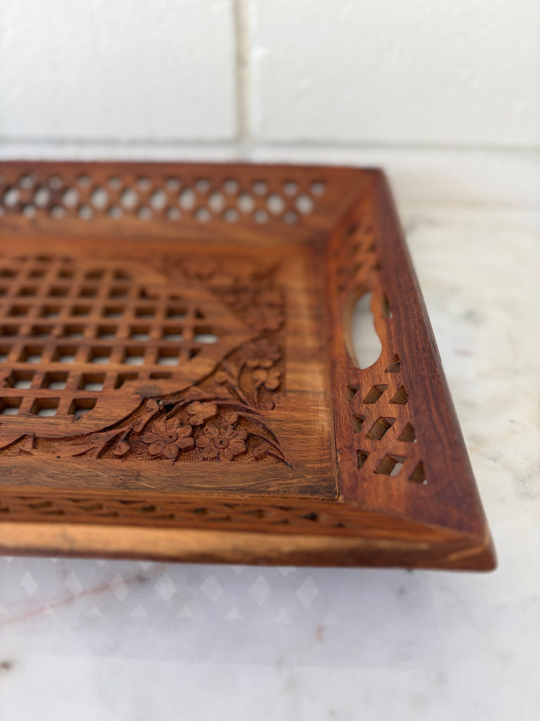 Hand Carved Wooden Cutwork Serving Tray