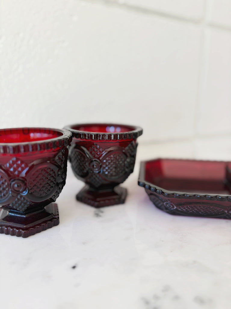 Vintage Avon Ruby Red Footed Tumblers and Tray Glassware Set