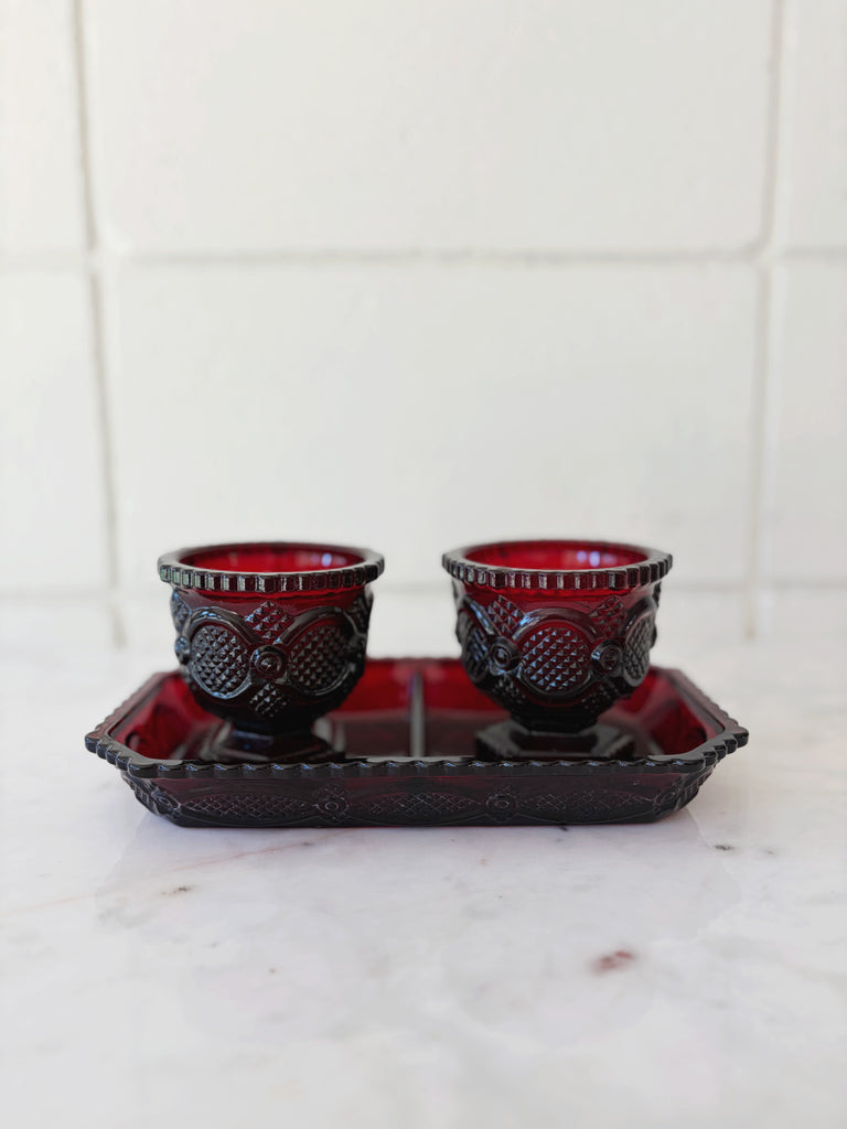 Vintage Avon Ruby Red Footed Tumblers and Tray Glassware Set