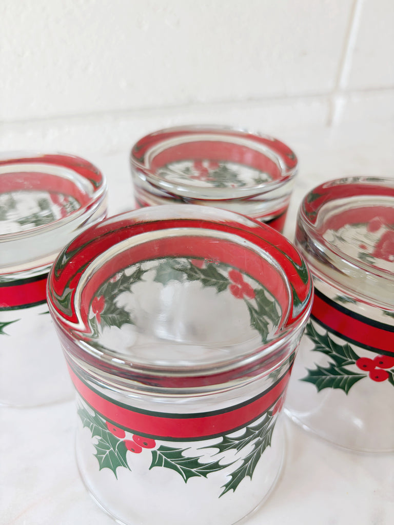 Vintage Libbey Holly and Berries Lowball Glassware Set of 4