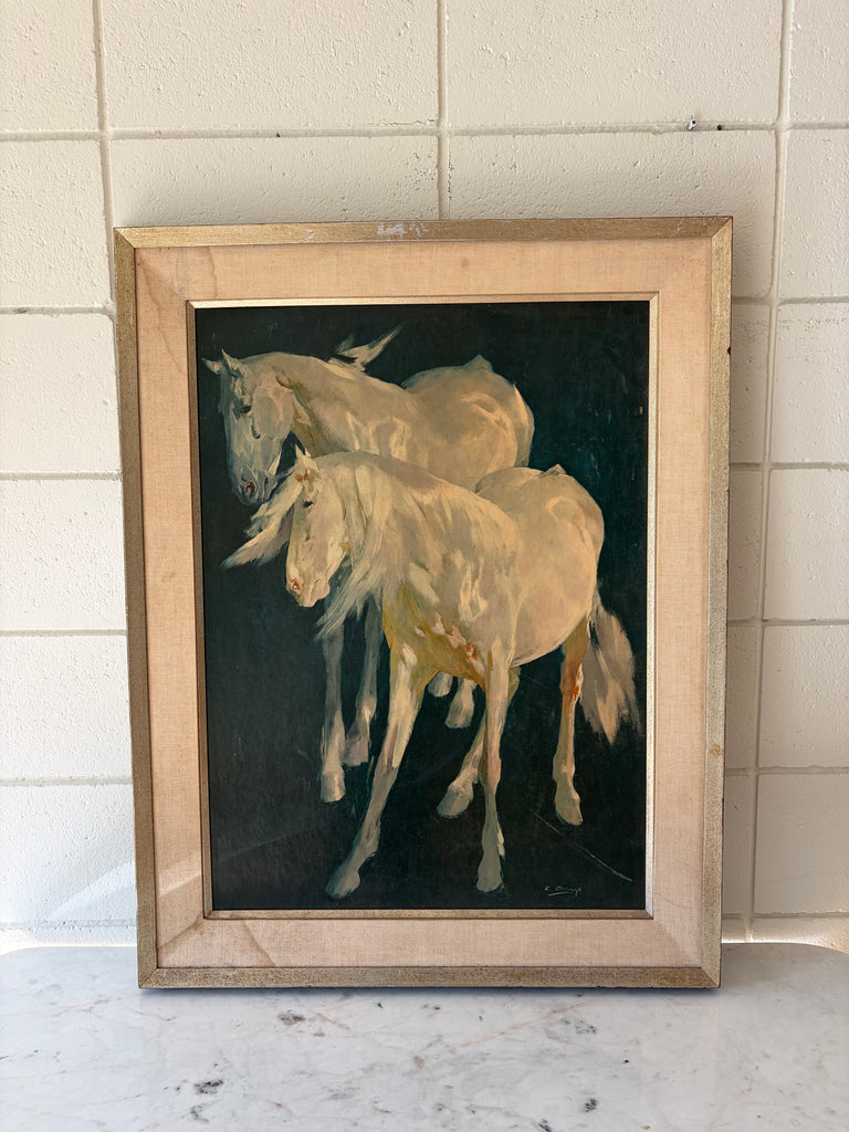 Framed Ricardo Arenys Horses Lithograph “Horses Against Blue Background” Wall Art