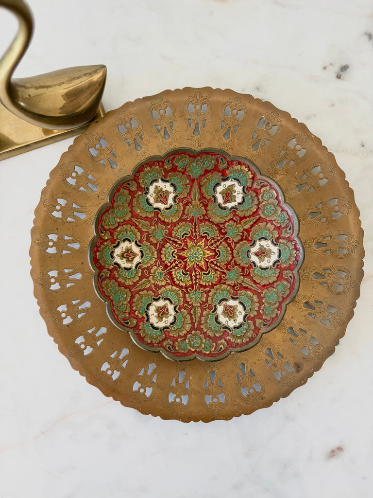 Vintage Etched Brass Pedestal Bowl with Scalloped Edge