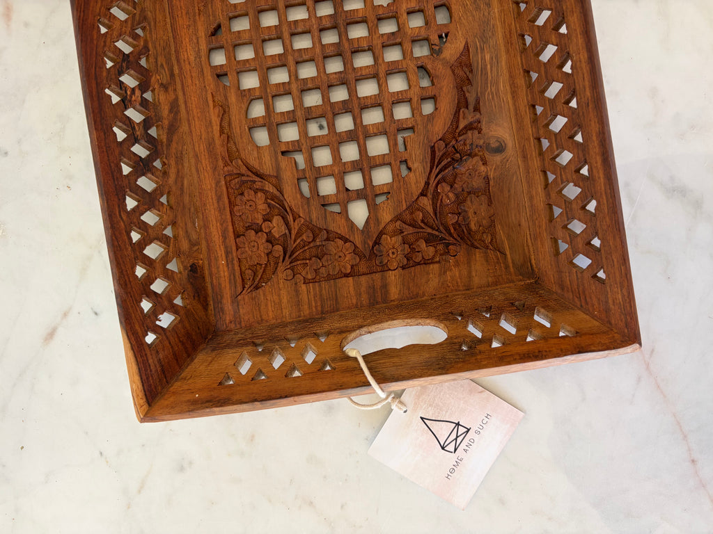Hand Carved Wooden Cutwork Serving Tray