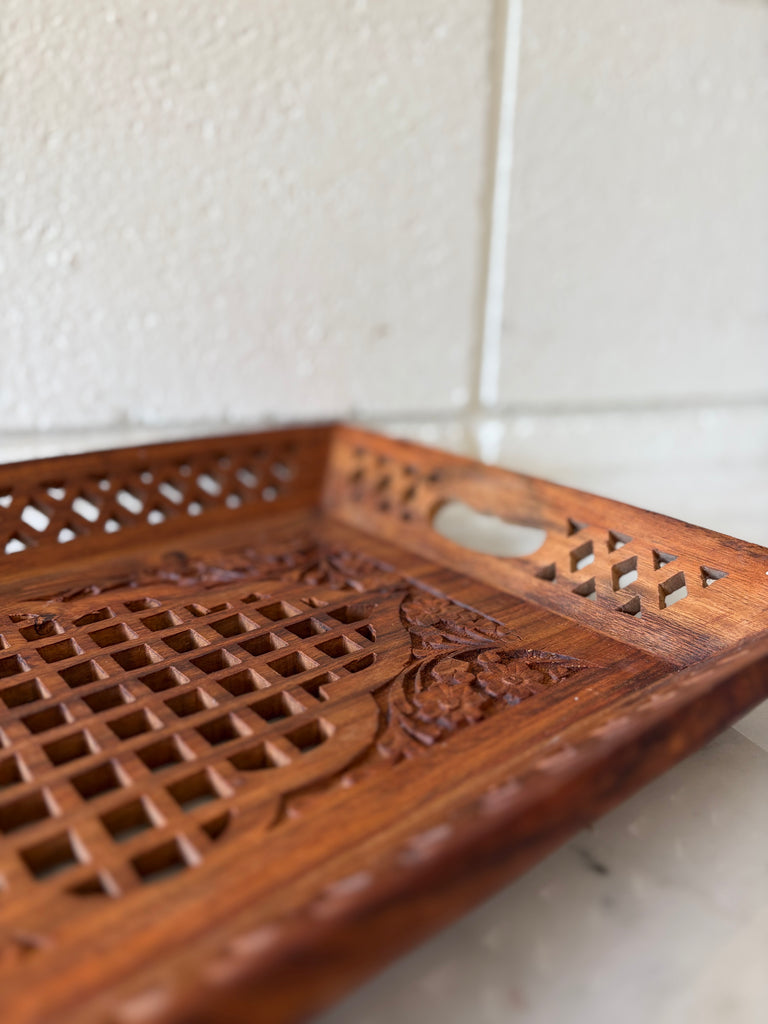 Hand Carved Wooden Cutwork Serving Tray