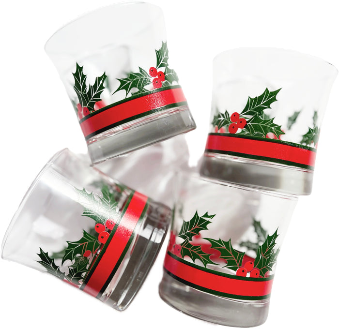 Vintage Libbey Holly and Berries Lowball Glassware Set of 4