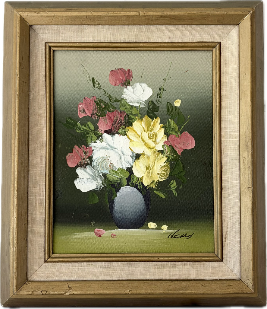 Framed Vintage Signed Original Oil on Wood Floral Still Life Painting