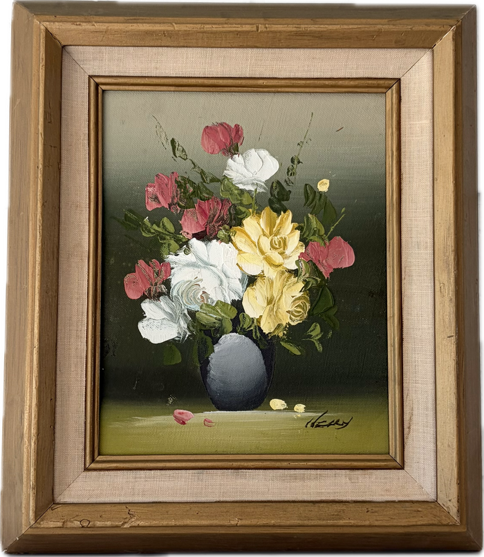 Framed Vintage Signed Original Oil on Wood Floral Still Life Painting