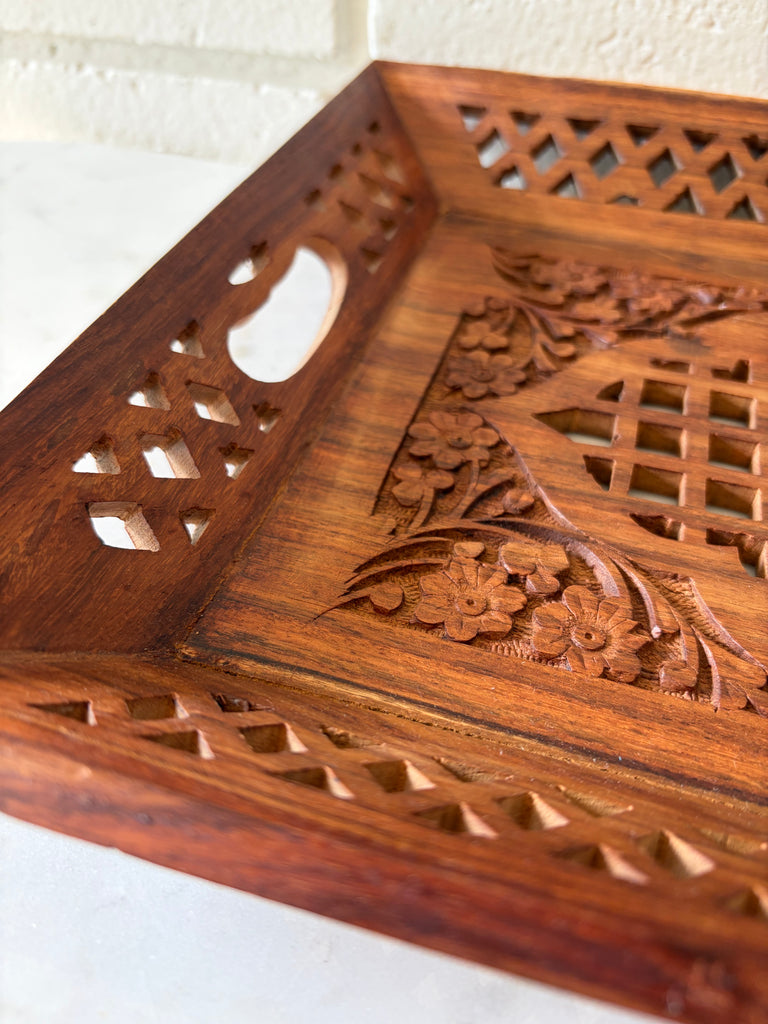 Hand Carved Wooden Cutwork Serving Tray