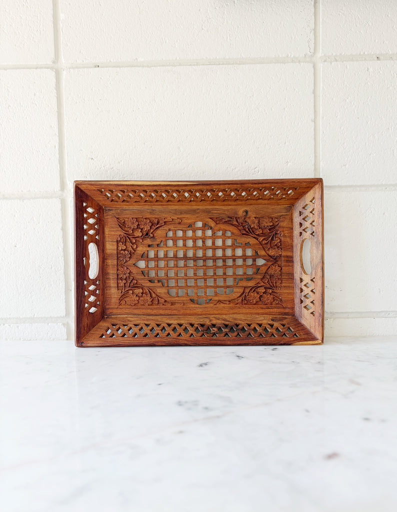 Hand Carved Wooden Cutwork Serving Tray
