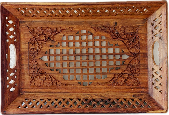 Hand Carved Wooden Cutwork Serving Tray