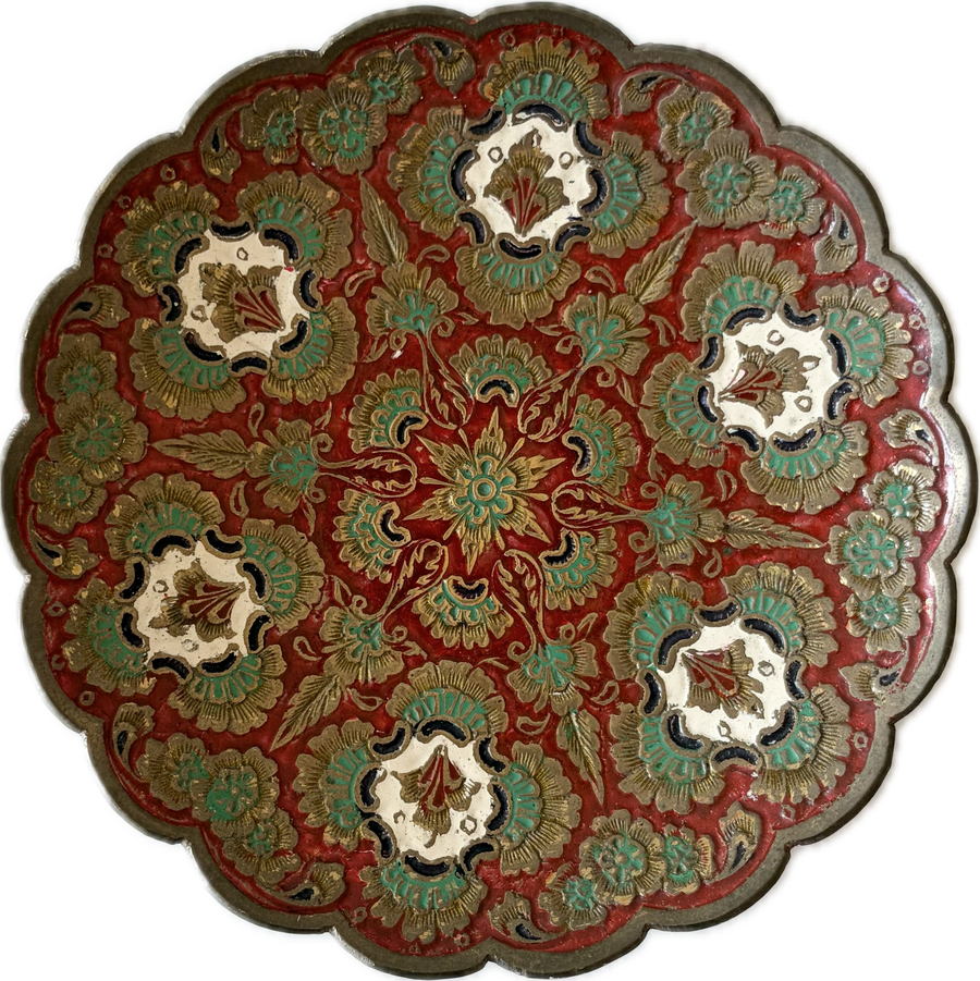 Vintage Etched Brass Pedestal Bowl with Scalloped Edge