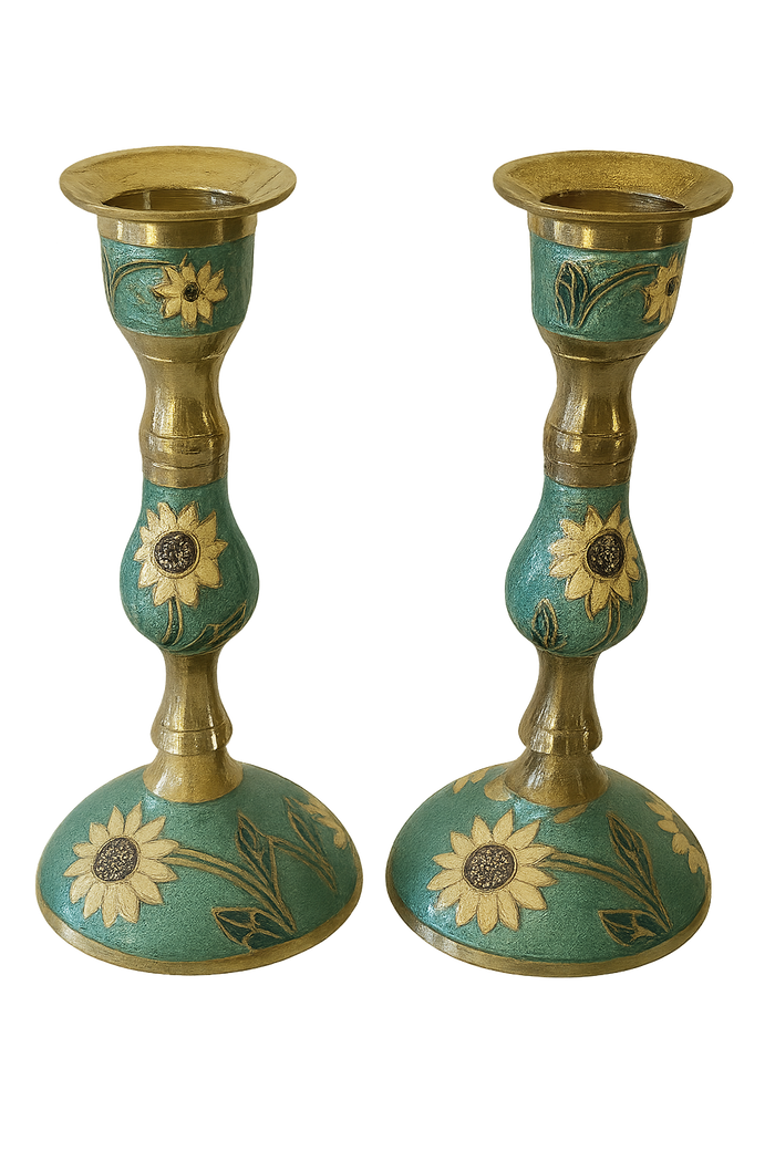 Vintage Brass Enameled Sunflower Candlestick Holders Set of 2