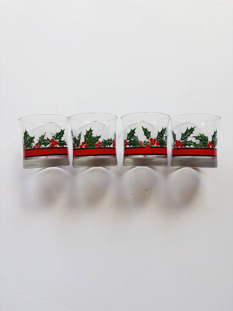 Vintage Libbey Holly and Berries Lowball Glassware Set of 4