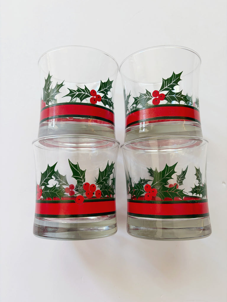 Vintage Libbey Holly and Berries Lowball Glassware Set of 4