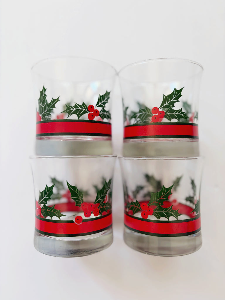 Vintage Libbey Holly and Berries Lowball Glassware Set of 4