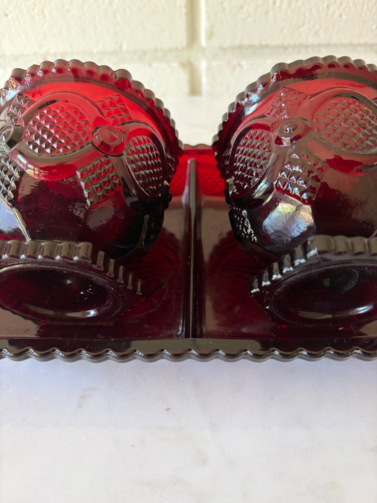 Vintage Avon Ruby Red Footed Tumblers and Tray Glassware Set