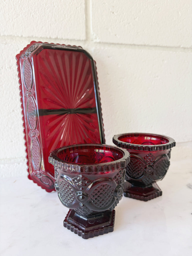 Vintage Avon Ruby Red Footed Tumblers and Tray Glassware Set