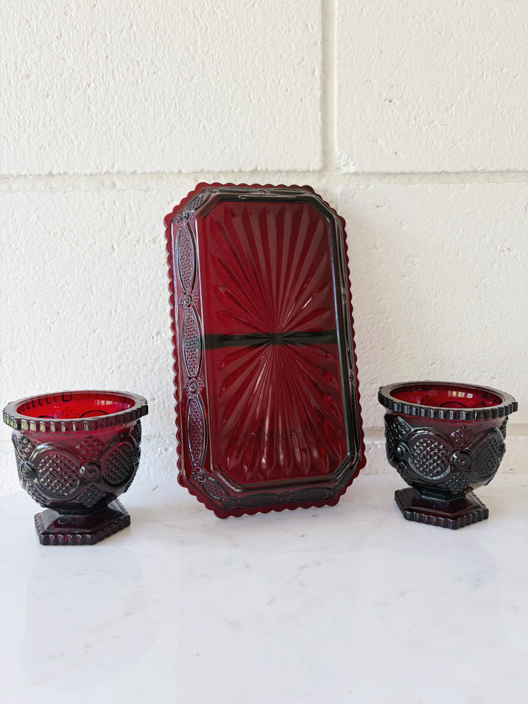 Vintage Avon Ruby Red Footed Tumblers and Tray Glassware Set