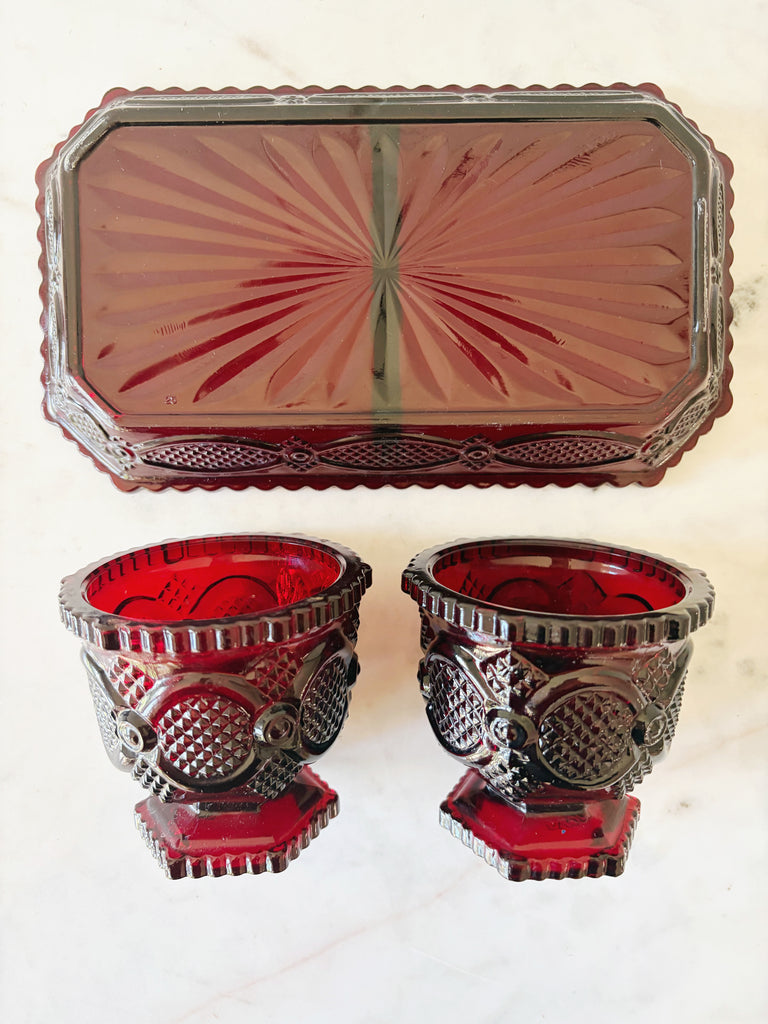 Vintage Avon Ruby Red Footed Tumblers and Tray Glassware Set