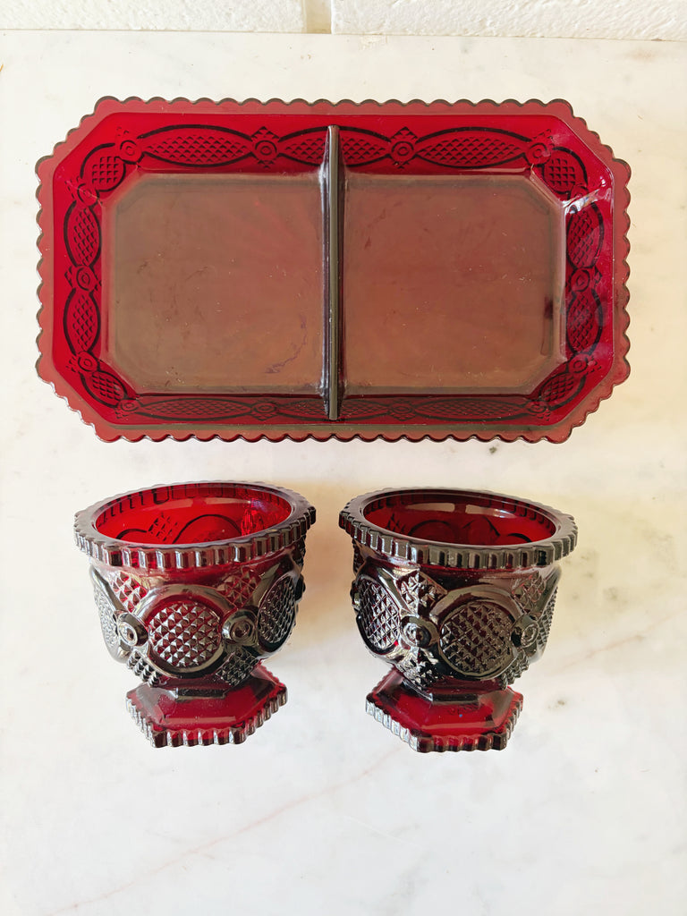 Vintage Avon Ruby Red Footed Tumblers and Tray Glassware Set