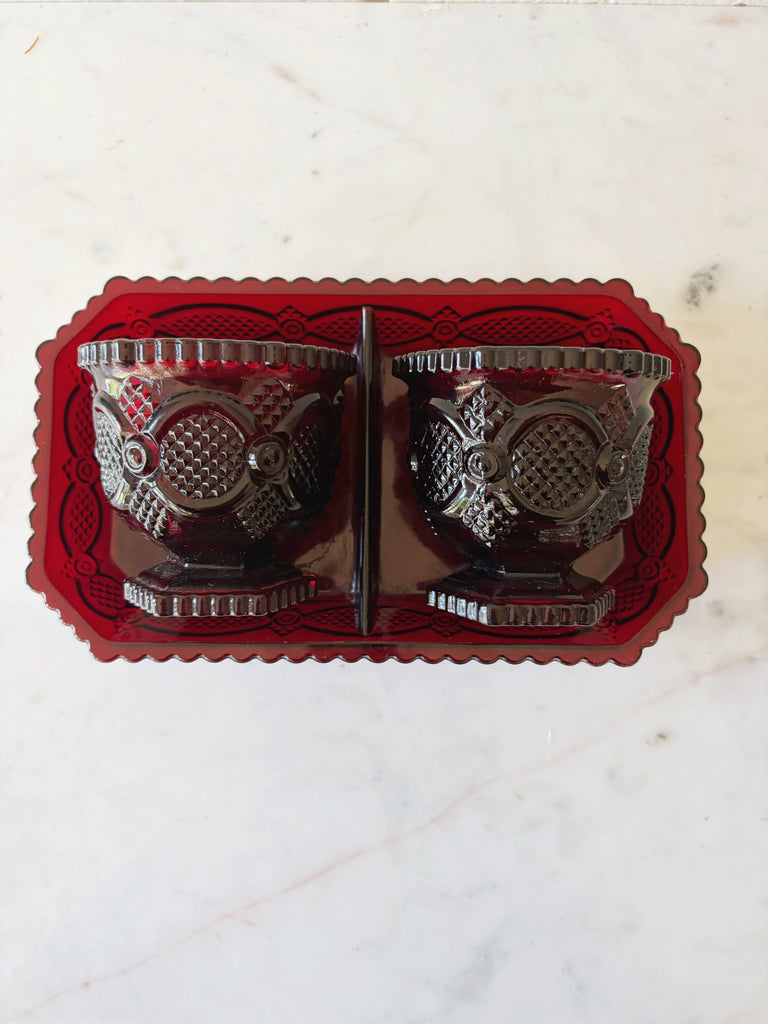 Vintage Avon Ruby Red Footed Tumblers and Tray Glassware Set