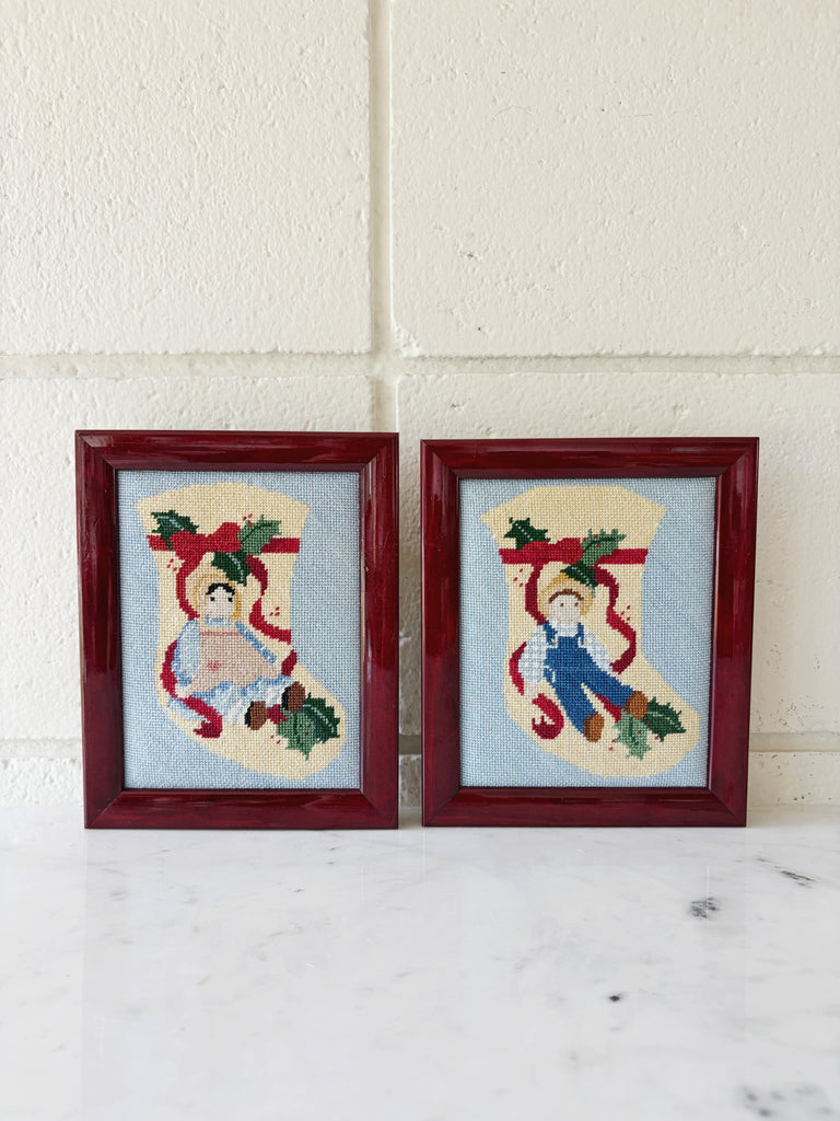 Framed Vintage Holiday Amish Doll Stocking Needlepoint Art Set