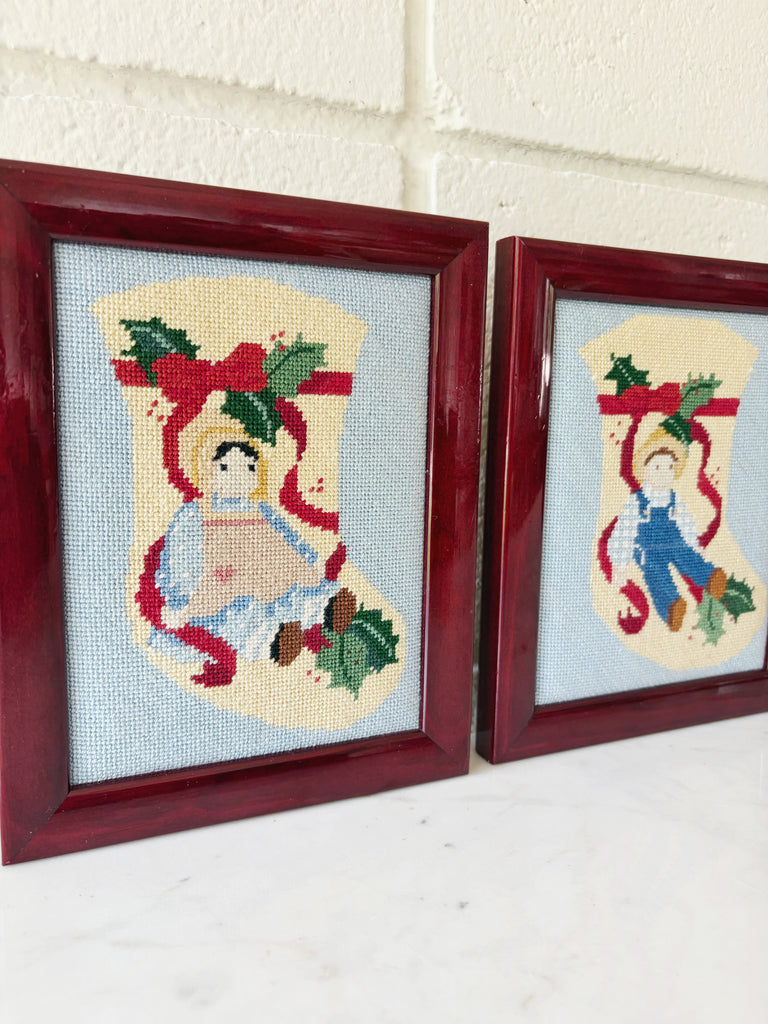 Framed Vintage Holiday Amish Doll Stocking Needlepoint Art Set