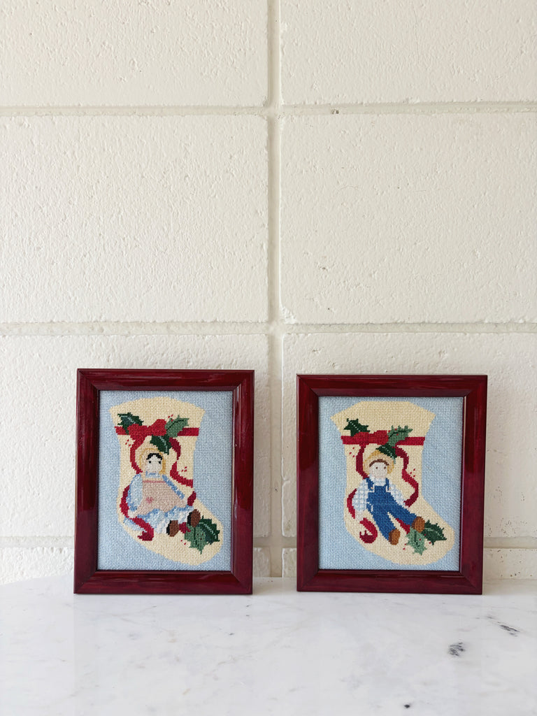 Framed Vintage Holiday Amish Doll Stocking Needlepoint Art Set