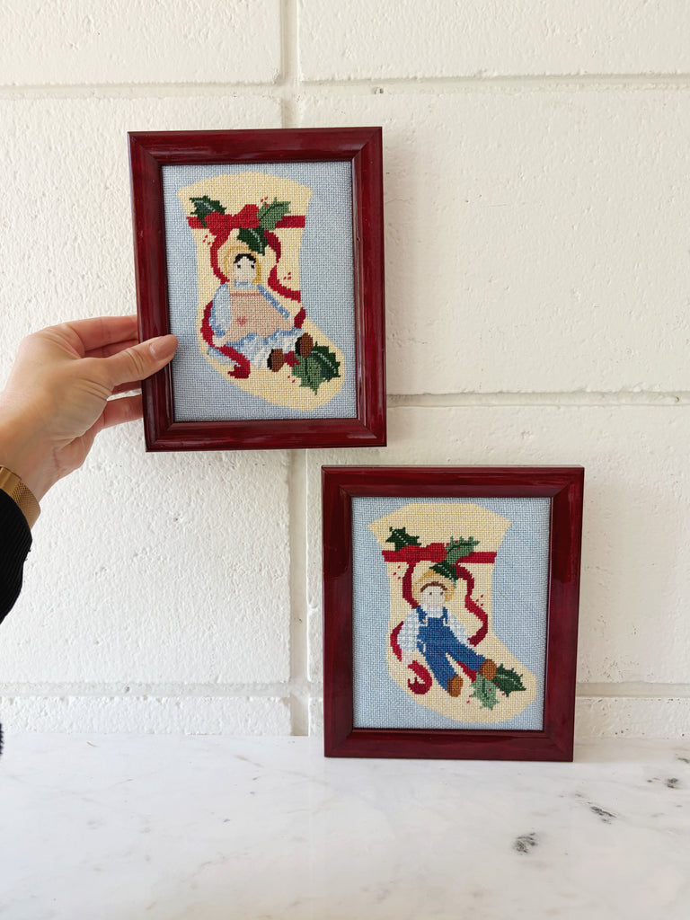 Framed Vintage Holiday Amish Doll Stocking Needlepoint Art Set